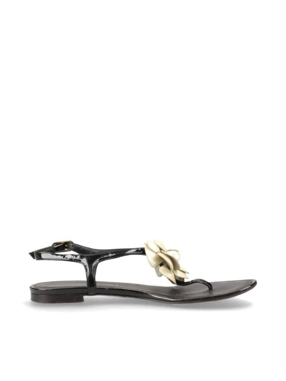 Chanel Coco Mark Camellia Patent Leather Sandals 35 C Black And Ivory - Picture 4 of 15